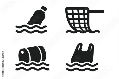 Ocean pollution icons solid filled vector set of 4, marine debris symbols including plastic bottle, fishing net, floating barrel, plastic bag, environmental contamination illustration