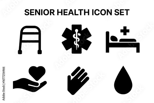 Senior health care icon set with walker medical alert hospital bed caregiver hand and blood drop vector illustration solid filled symbols for elder wellness and medical support
