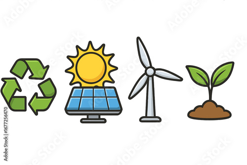 Renewable energy symbols including recycling, solar power, wind turbine, and plant growth icons. Vector cartoon illustration representing sustainability and environmental conservation.