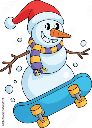Cartoon snowman skateboarding in Santa hat — cheerful winter character with scarf and snowballs for holiday, sports, or kids’ themes