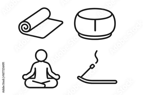 Yoga retreat and meditation outline icon set. Vector symbols for wellness, mindfulness, and relaxation. Includes yoga mat, zafu cushion, lotus pose, and aromatherapy incense.