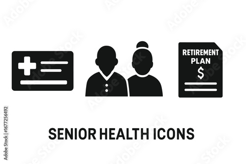 Senior Health Icons Set, Solid Filled Vector Illustrations of Medicare Card, Elderly Couple, Retirement Plan Document, Senior Healthcare and Retirement Concepts on Transparent Background