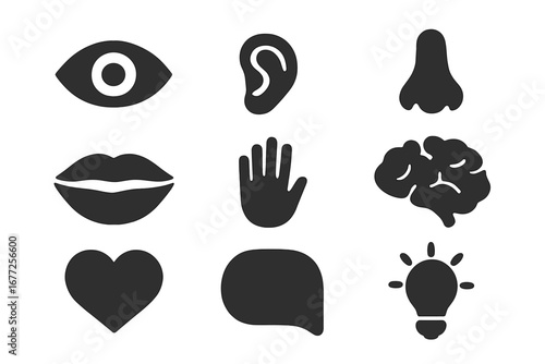 Solid filled vector icon set of human senses and emotions, including eye, ear, nose, mouth, hand, brain, heart, speech bubble, and light bulb symbols, transparent background