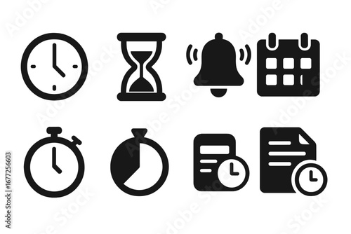 Time Management Icons Solid Filled Vector Set with Clock, Hourglass, Alarm Bell, Calendar, Stopwatch, Timer, and Schedule Symbols for Productivity and Planning
