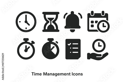 Solid Black Time Management Icons Set with Clocks, Hourglass, Alarm Bell, Calendar, Stopwatch, Timer, Schedule, Productivity and Planning Vector Illustration