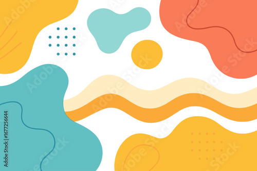 Abstract background with colorful organic shapes. Modern vector illustration for web design, banner, poster. Flat minimalist graphic with fluid forms, dots and lines. Playful wallpaper.