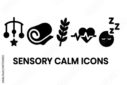 Sensory Calm Icons Vector Set with Soft Baby Mobile, Plush Blanket, Lavender Herb, Heartbeat Sound, and Sleep Symbols for Relaxation and Wellness