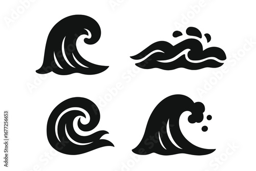 Ocean wave icons set, solid filled vector illustrations of crashing waves, rolling tides, foam crests, swirling currents, and wave splashes, maritime sea nature design elements
