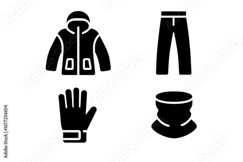 Off-Piste Ski Gear Icons Set, Solid Filled Vector of Winter Ski Apparel Including Insulated Jacket, Ski Pants, Gloves, Neck Gaiter for Extreme Cold Weather Sports