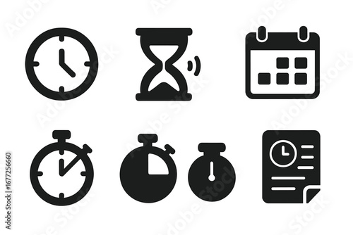 Time management icons solid filled vector set with clock, hourglass, alarm bell, calendar, stopwatch, timer, schedule symbols for productivity and planning