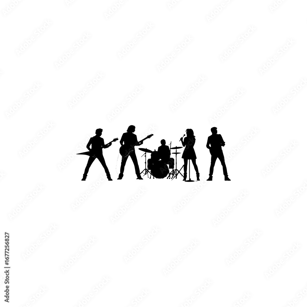 Obraz premium A set of musicians, rock or pop band singers, drummers, and guitarists high quality silhouettes 