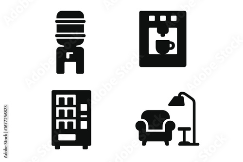 Solid Office Amenities Icons Set of Four with Water Cooler, Coffee Machine, Snack Bar, and Lounge Chair, Vector Illustration of Modern Workplace Breakroom Facilities and Comforts
