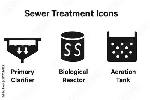Solid Filled Sewer Treatment Process Icons, Primary Clarifier, Biological Reactor, Aeration Tank, Wastewater Treatment Vector Illustration on Transparent Background