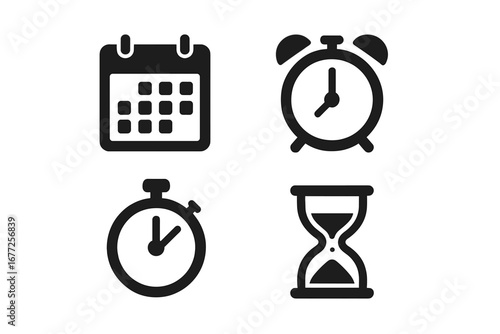 Time management icons solid filled vector set with calendar alarm clock stopwatch hourglass deadline schedule planning symbols transparent background
