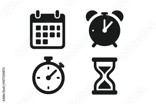 Time Management Icons Set. Solid Filled Vector Graphics with Calendar, Alarm Clock, Stopwatch, Hourglass Symbols. Productivity, Deadlines, Scheduling, and Time Tracking Concept Illustration.