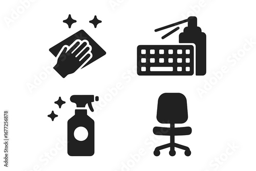 Office Cleaning Icons Set with Desk Wipe, Keyboard Duster, Monitor Spray, and Office Chair Illustration, Solid Filled Vector of Essential Workplace Cleaning Tools on Transparent Background