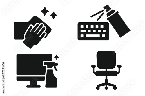 Office Cleaning Icons Set, Solid Filled Vector Illustrations of Essential Workplace Cleaning Tools Including Desk Wipe, Keyboard Duster, Monitor Spray, and Office Chair on Transparent Background