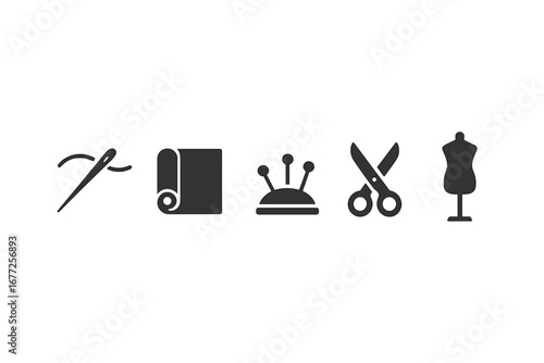 Sewing Tools Icons Vector Set, Solid Filled Symbols of Needle and Thread, Fabric Bolt, Pin Cushion with Pins, Scissors and Mannequin for Sewing, Tailoring, Fashion Design, Textile Work