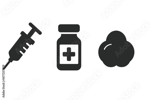 Vaccination tools solid icon set. Medical vector icons for immunization and injection. Syringe, vaccine vial, and cotton ball for medicine, health, and prevention concept.