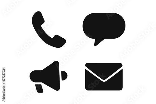 Office Communication Icons Solid Filled Vector Set of 4 with Telephone Handset, Speech Bubble, Megaphone, Message Envelope Symbol for Business and Office Use