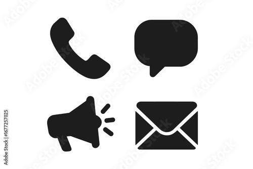 Office Communication Icons Set with Solid Filled Telephone Handset, Speech Bubble, Megaphone and Envelope Symbols for Business and Technology Vector Illustration