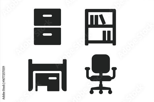 Office furniture icons vector set, solid filled style, including filing cabinet, bookshelf with books, cubicle desk, and ergonomic swivel chair, modern workspace essentials illustration
