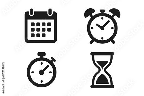 Time management icons solid filled vector set, deadline calendar, alarm clock, stopwatch, hourglass, productivity symbols, schedule planning illustration