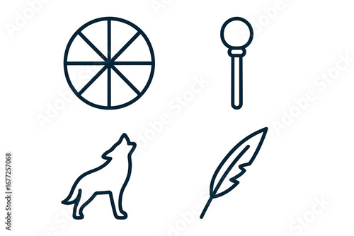 Shamanic journey icons set, outline style spiritual drum, drumstick, howling spirit animal silhouette, sacred feather vector illustration for mystic ritual and healing