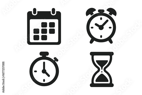 Time management icons set, solid filled vector illustrations of calendar, alarm clock, stopwatch, hourglass, schedule, deadlines, time tracking, productivity symbols