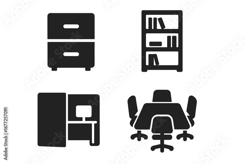 Solid filled office furniture icons vector set of filing cabinet, bookshelf with books, office cubicle workspace, ergonomic swivel chair, and conference meeting table illustration