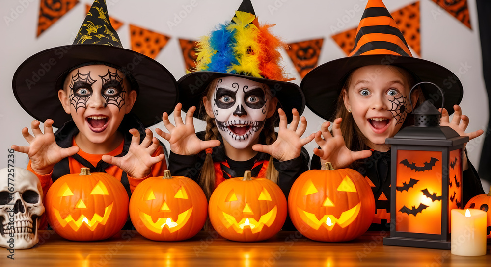 Three young children dressed in Halloween costumes and face paint with carved pumpkins and a skull decoration Three young children dressed in Halloween costumes and face paint with carved pumpkins and a skull decoration