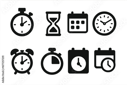 Time Management Icons Set, Solid Filled Stopwatch, Hourglass, Calendar, Clock, Alarm, Timer, Deadline, Vector Illustration, Productivity Symbols, Task Planning Graphics