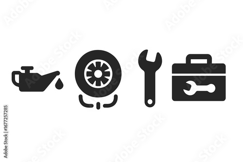 Car service solid icons set. Vehicle maintenance, auto repair symbols. Oil change, tire pressure check, wrench, toolbox pictogram collection. Automobile workshop vector graphic.
