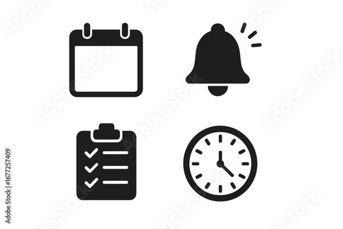 Time Management Icons Solid Filled Vector Set with Calendar Reminder Bell Checklist Stopwatch and Hour Marker Symbols for Productivity and Planning