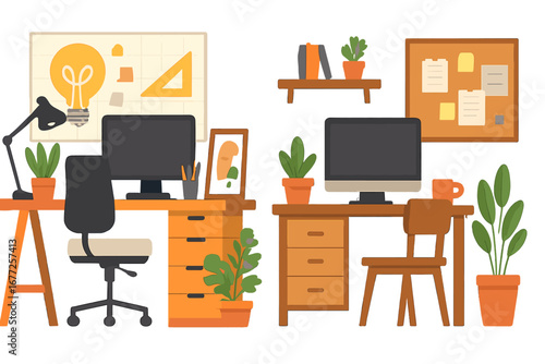 Two Modern Workspaces Depicting Creativity and Organization in a Home Office Environment, Vector Cartoon Illustration with Desks, Computers, Plants, Office Supplies, and Decor