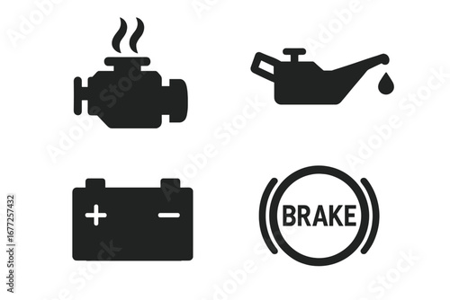 Vehicle warning icons set. Car dashboard panel symbols. Engine overheat, low oil pressure, battery charge, brake system alert. Flat solid vector illustration for auto service.
