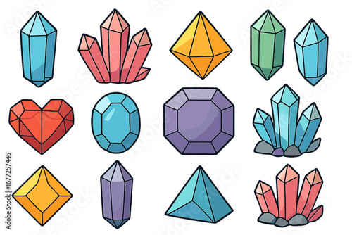 Various geometric crystal and gemstone shapes collection with intricate facets and detailed designs, colorful vector cartoon illustration on transparent background, decorative minerals and gems
