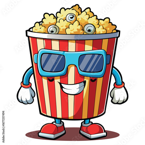 Cartoon popcorn bucket watching a movie with 3D glasses