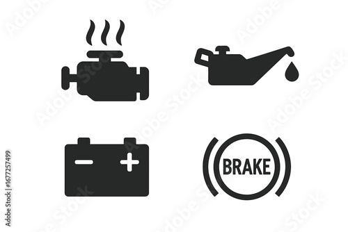 Car dashboard warning light icon set. Vehicle engine problem symbols. Overheating, low oil pressure, battery charge, and brake system failure alert. Vector illustration.