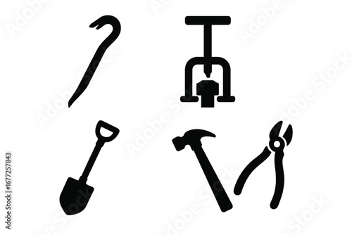 Solid filled tool icon set with crowbar, stake puller, shovel, hammer, wire cutter, stake removal and maintenance tools vector illustration transparent background