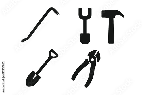 Solid Filled Tool Icon Set, Four Essential Stake Removal and Maintenance Tools Including Crowbar, Stake Puller, Shovel, Hammer, and Wire Cutter Vector Illustration on Transparent Background