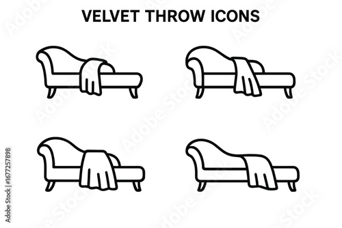Chaise lounge outline icon set. Vector symbols for velvet throw styling, blanket draping on a daybed. Home decor, furniture, interior design elements. Cozy relaxation silhouette.