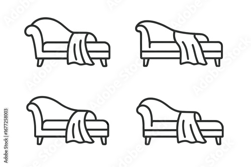 Chaise lounge line icon set. Furniture silhouette with draped velvet throw. Couch, sofa, daybed pictogram. Home decor, interior design element. Vector illustration.