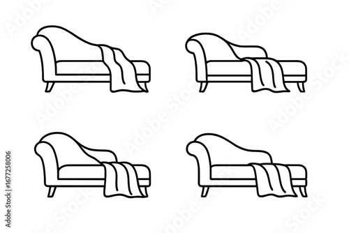 Chaise lounge with throw blanket outline icon set. Vector furniture for interior design. Home decor symbol. Divan, daybed, chaise longue silhouette with draped velvet fabric.