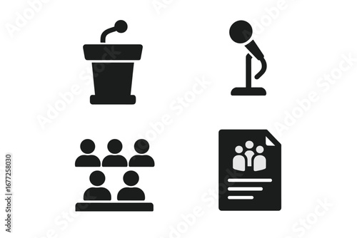 Solid Town Hall Icon Set with Meeting Podium, Microphone, Seated Audience, and Community Agenda Paper Vector Illustration for Civic Engagement and Public Speaking