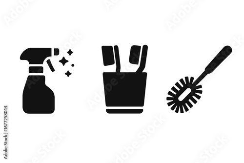 Toothbrush holder icons solid filled set with cleaning spray bottle, brush, maintenance tools, hygiene vector illustration, dental care, bathroom organization equipment