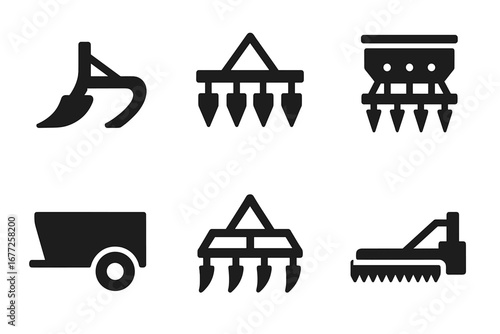 Tractor Equipment Icons Set with Plow, Harrow, Seed Drill, Trailer, Cultivator, Mower, Solid Filled Vector Illustration for Farm Machinery and Agricultural Tools