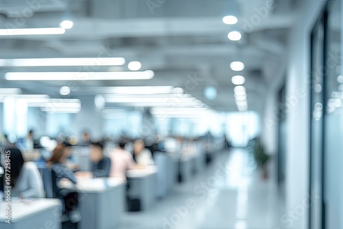 Blurred interior of a modern office with many people working