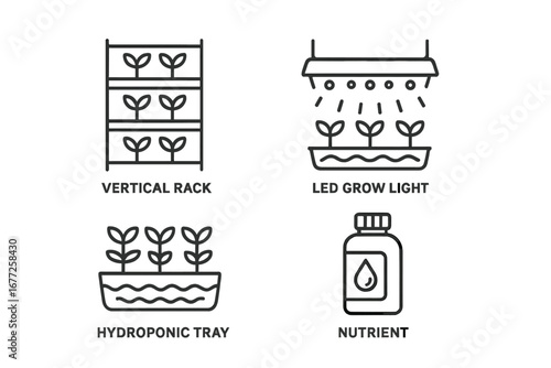 Vertical farming outline icon set. Vector symbols of hydroponics, LED grow light, nutrient solution, and plant rack. Modern agriculture technology for urban smart farm growth.