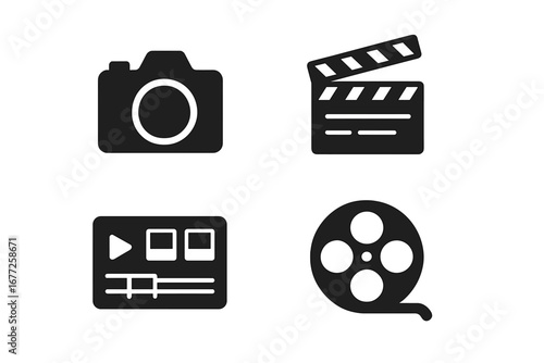 Video production solid glyph icon set. Filmmaking and movie making symbols. DSLR camera, clapperboard, editing timeline and film reel. Content creation vector illustration.